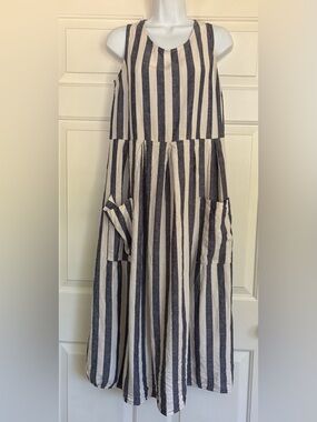 Sandro Ferrone Blue/White striped Linen style dress, Size Small